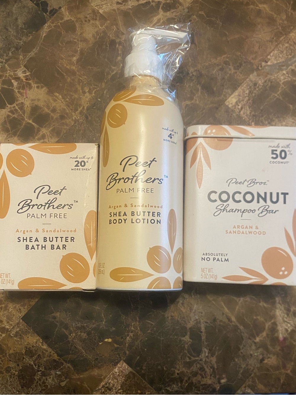 Peet Brothers 3 Shea Butter Body Lotion & Shampoo/Bath Bars Argan & Sandlewood